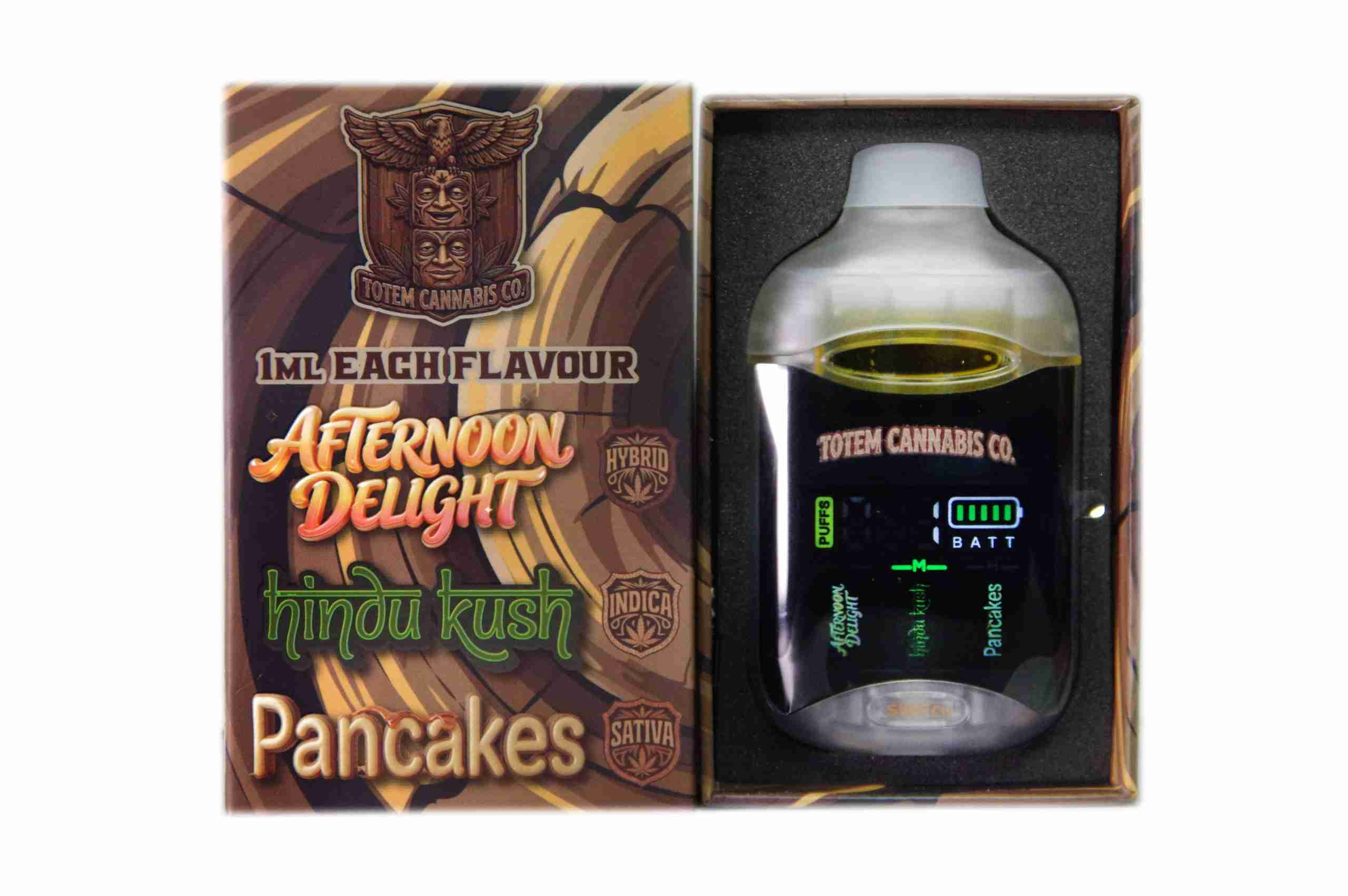 Totem Cannabis Co. Tri Chamber Vape – Afternoon Delight (Hybrid) + Hindu Kush (Indica) + Pancakes (Indica Dominant Hybrid) (3 x 1 Gram) - Image 2