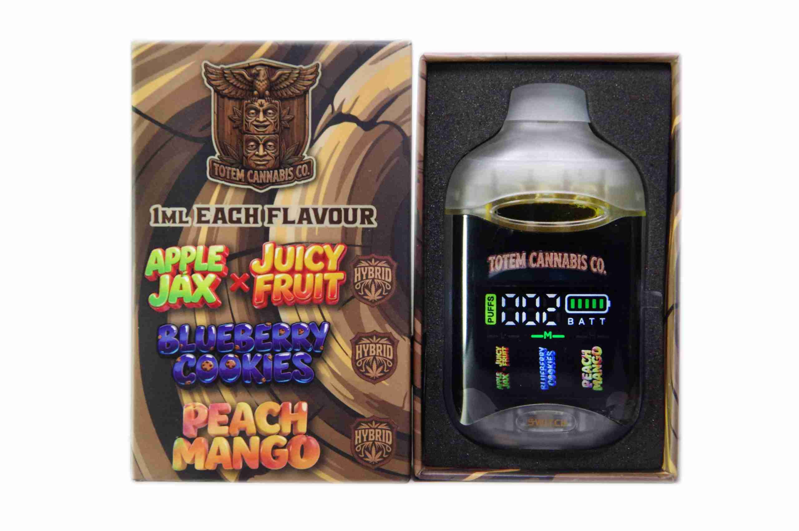 Sale! Totem Cannabis Co. Tri Chamber Vape – Apple Jax X Juicy Fruit (Hybrid) + Blueberry Cookies (Indica Dominant Hybrid) + Peach Mango (Hybrid) (3 x 1 Gram) - Image 2
