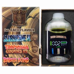 Alternative view of Totem Cannabis Co. Tri Chamber Vape – Slurricane IX (Hybrid) x Tropicana Cookies F2 (Sativa Dominant Hybrid) + Papaya Bomb (Hybrid) (3 x 1 Gram)